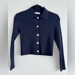 Sandro Navy Ribbed Collared Button Cardigan